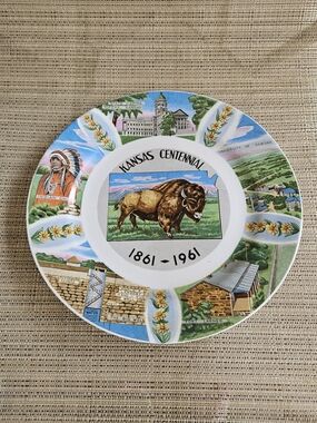 Vintage Kansas Centennial Decorative Ceramic Plate  Multi-Color Wall Decor